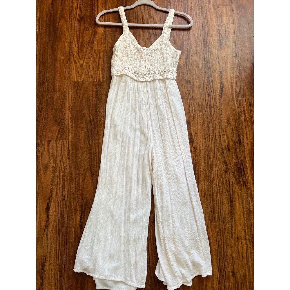 Japza Crochet Bodice Jumpsuit Women Medium White Excellent Boho Wide Leg Romper